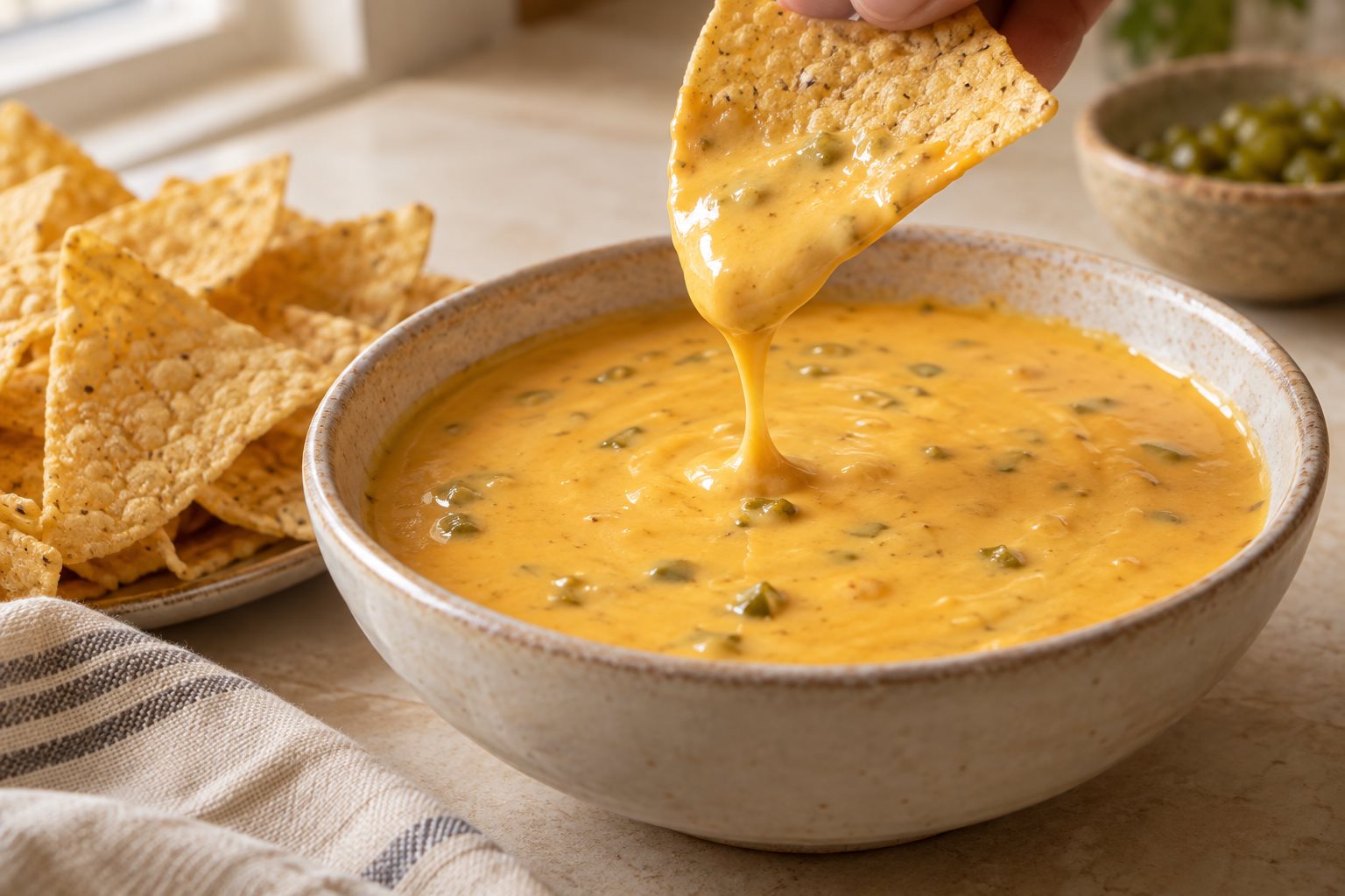 A shallow bowl of smooth orange cheese dip flecked with green chile, a thick corn tortilla chip lifted out of it trailing a ribbon