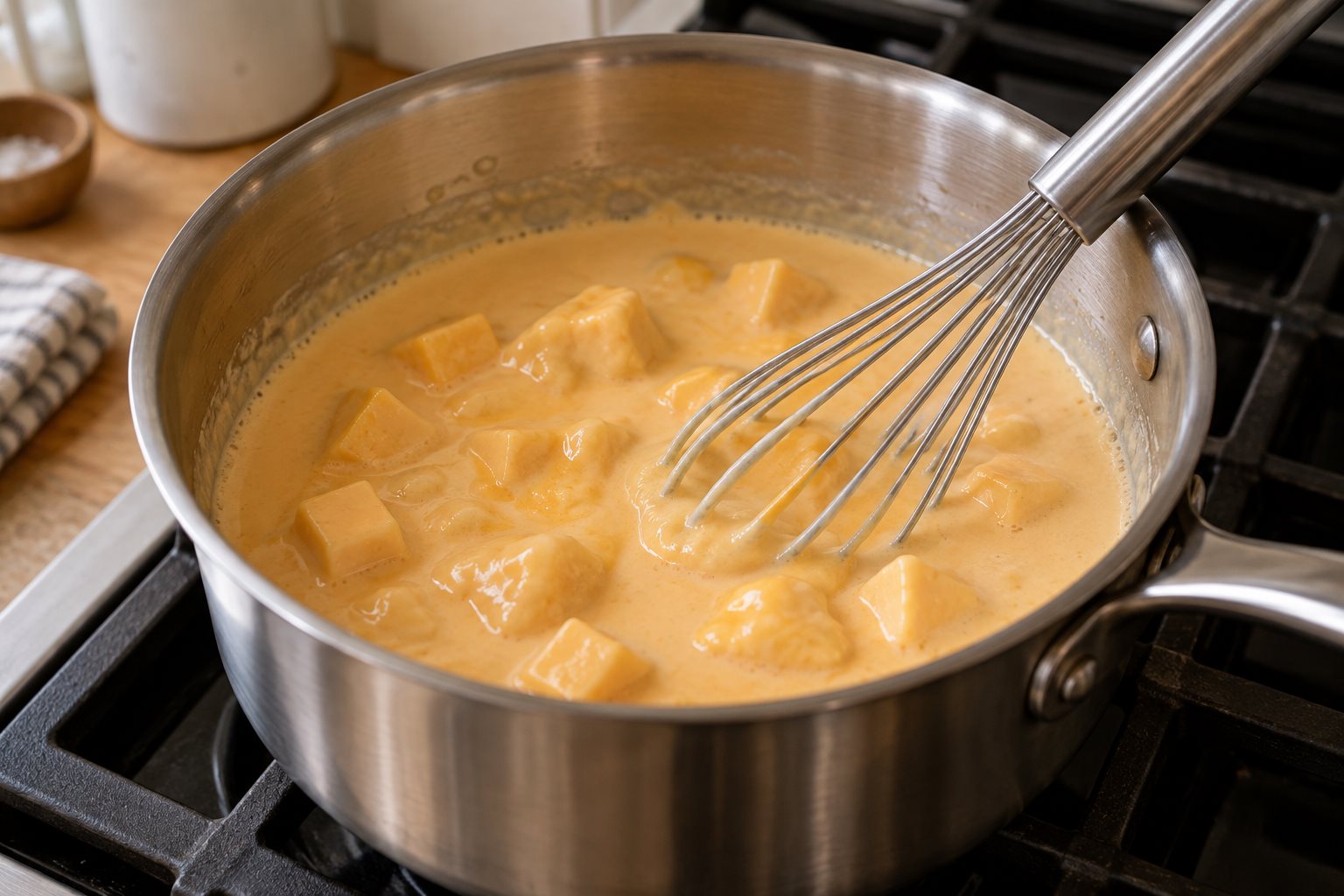 Small cubes of yellow American cheese softening in warm evaporated milk, with a whisk in the saucepan.