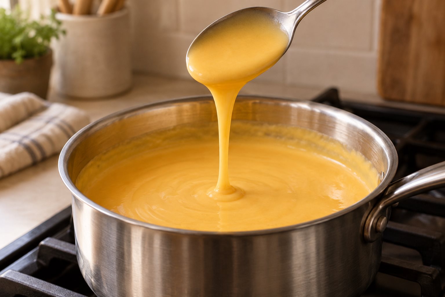 Smooth orange cheese sauce running from a tilted spoon in a thin ribbon back into the saucepan.