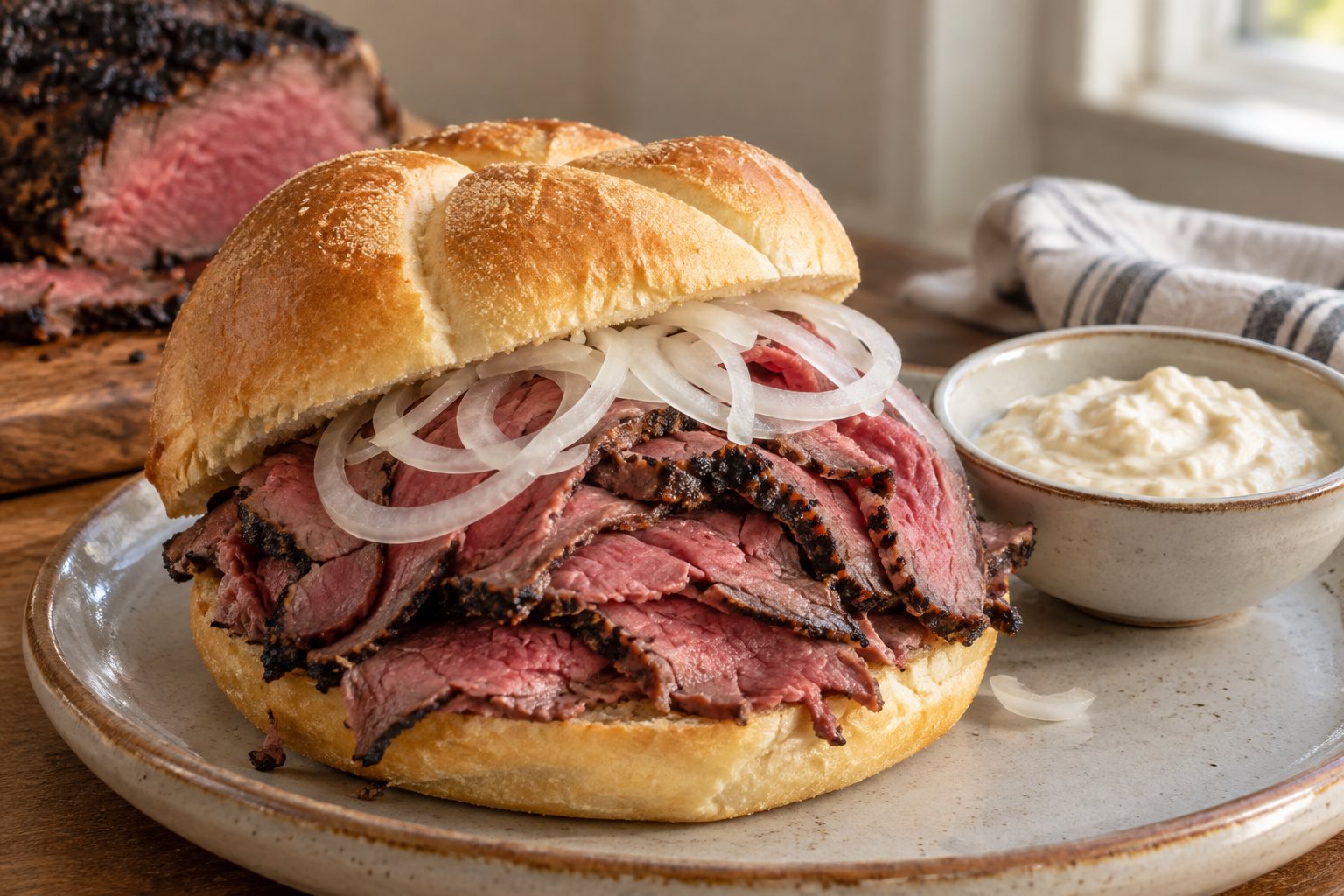 A kaiser roll heaped with thin shavings of rare beef edged in black char, raw white onion rings on top and a bowl of pale horseradish sauce beside it