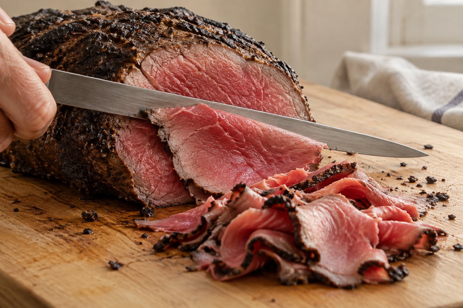 A knife shaving thin slices across a rare roast with a charred crust
