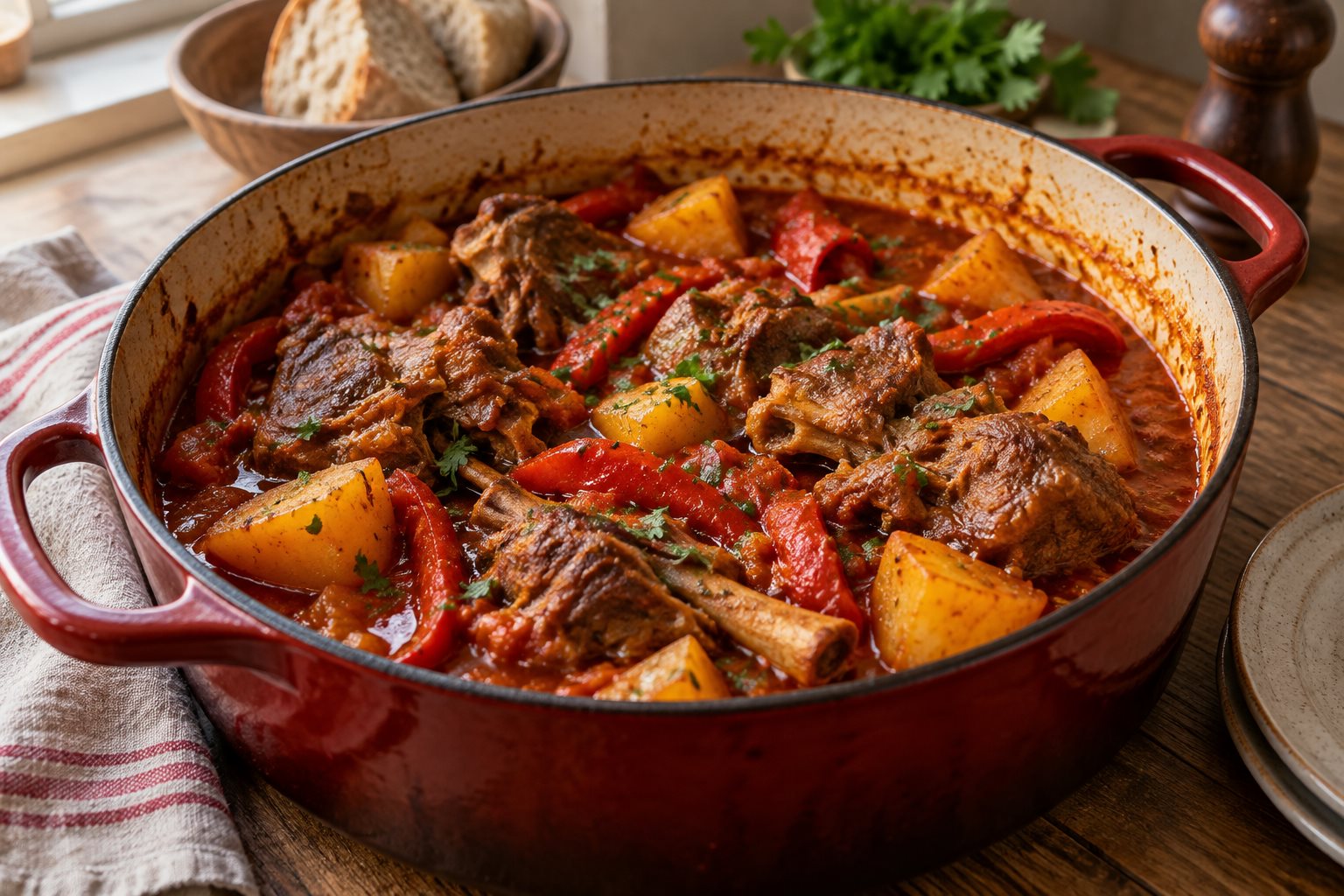 A heavy pot of lamb stew, the meat falling off short bones, with strips of red pepper and chunks of potato in a brick-red sauce