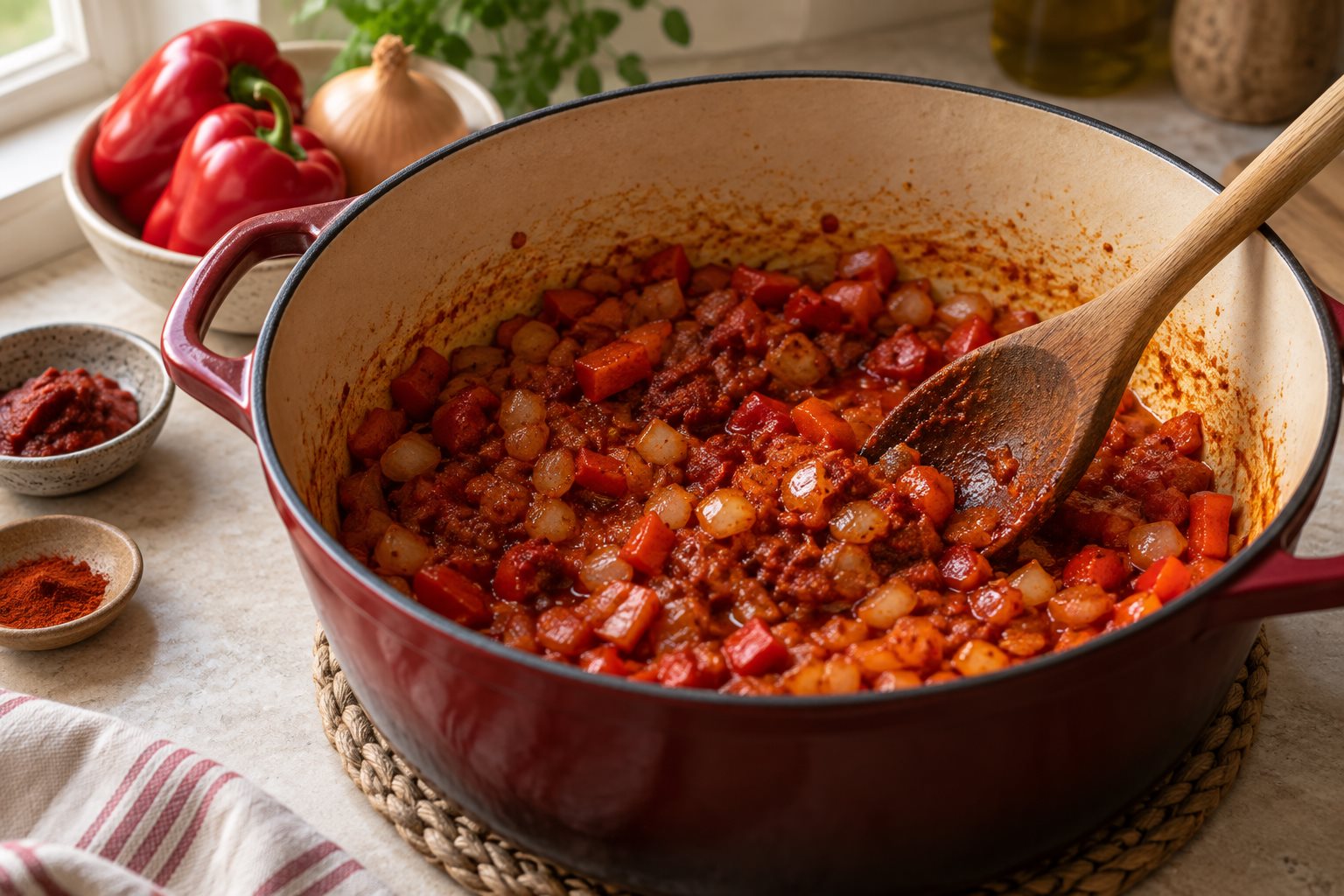 Paprika stirred into softened peppers and onions off the heat