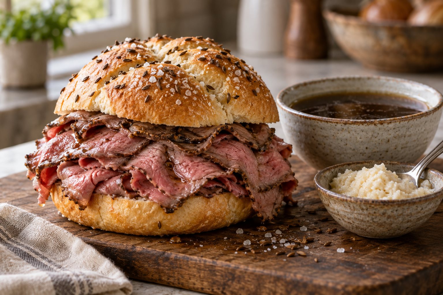 A cut hard roll crusted with coarse salt and caraway seeds, heaped with thin slices of rare roast beef, a cup of jus and a spoon of horseradish beside it