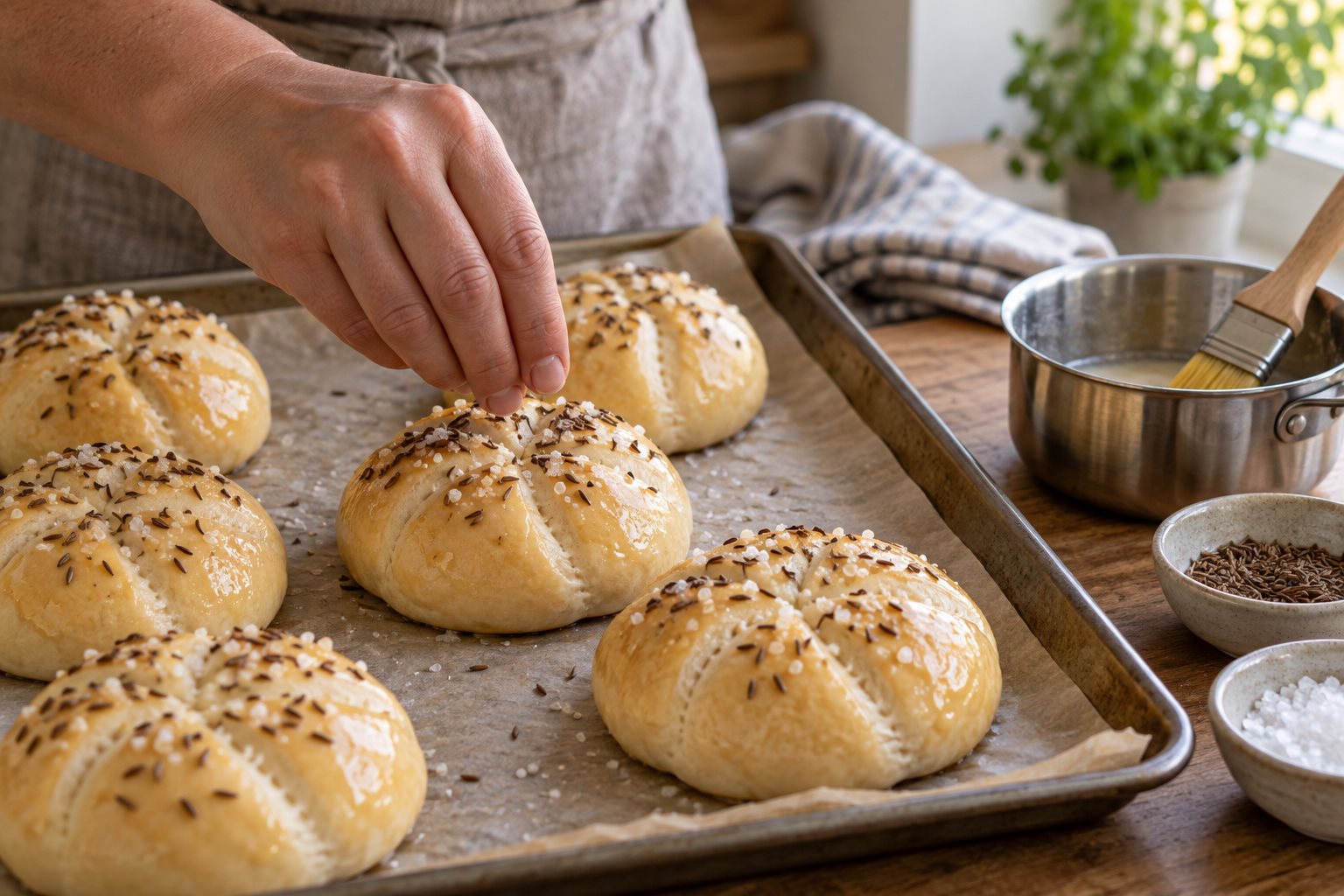 Caraway seeds and coarse salt added to glazed kaiser rolls