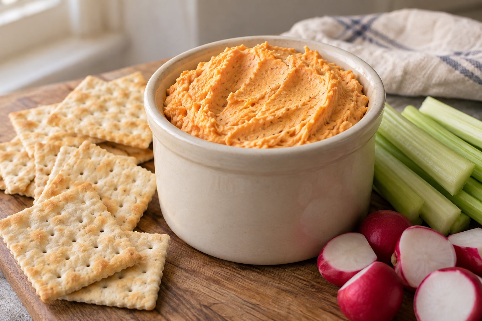 A crock of thick orange beer cheese with saltines, celery sticks and sliced radishes.