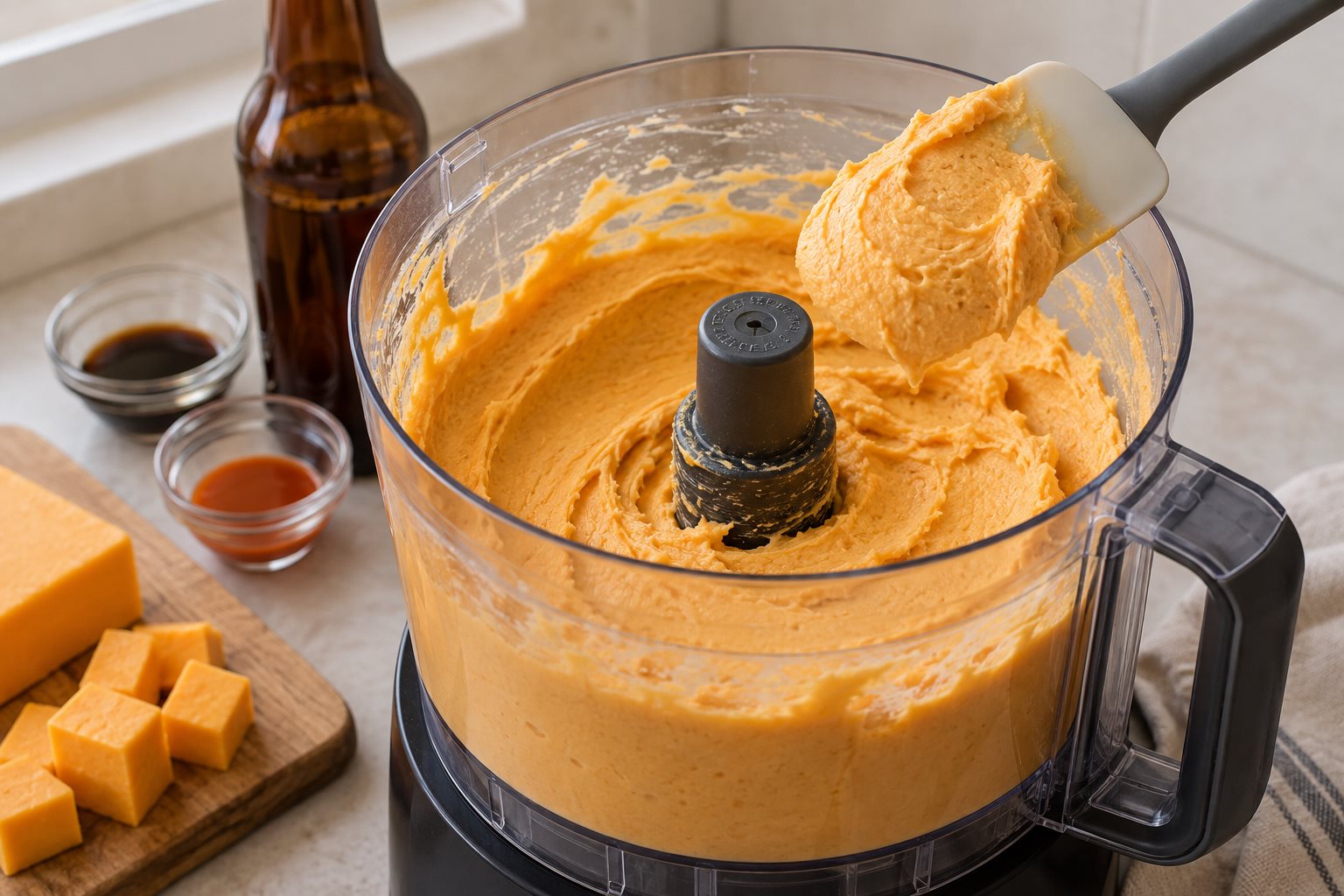 A spatula lifting thick smooth orange cheese paste from an open food processor bowl.