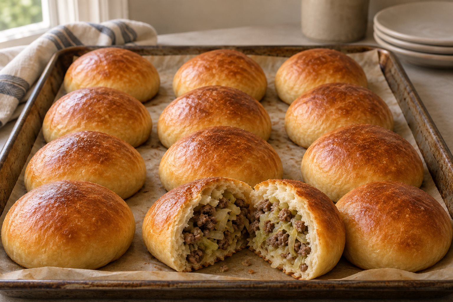 Golden bierock buns on a sheet pan, one split open to show beef, cabbage and onion.