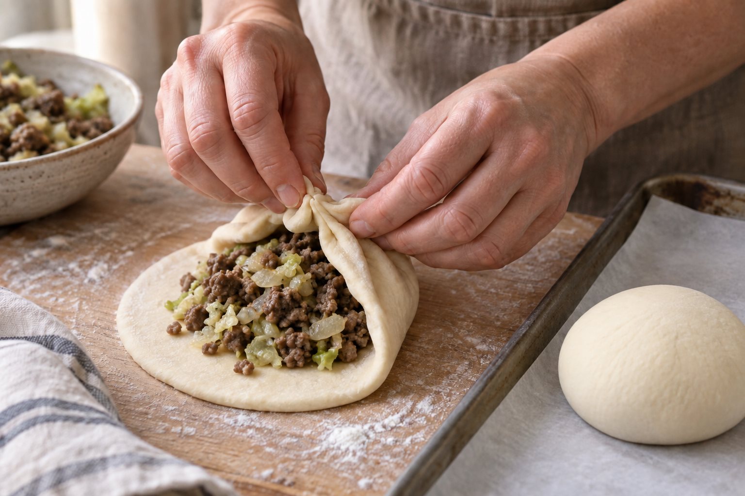 Hands pinching dough around beef and cabbage filling, beside a smooth bun resting seam-side down.