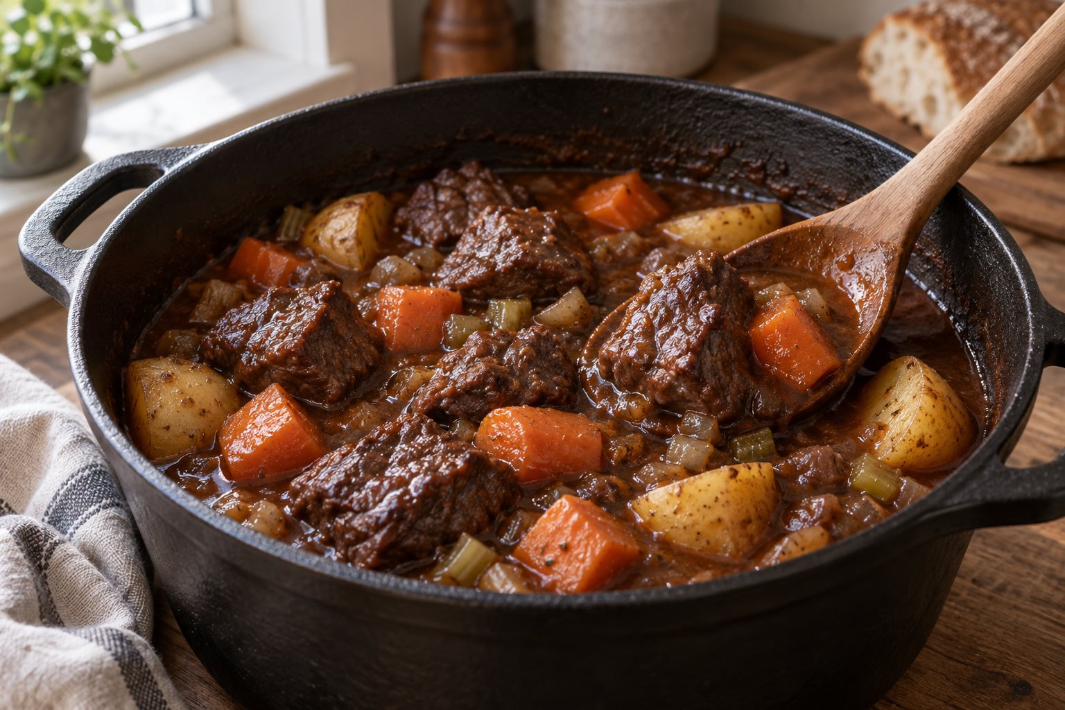 A dark stew of bison chunks, carrots and potatoes in a cast iron Dutch oven, thick gravy clinging to a wooden spoon