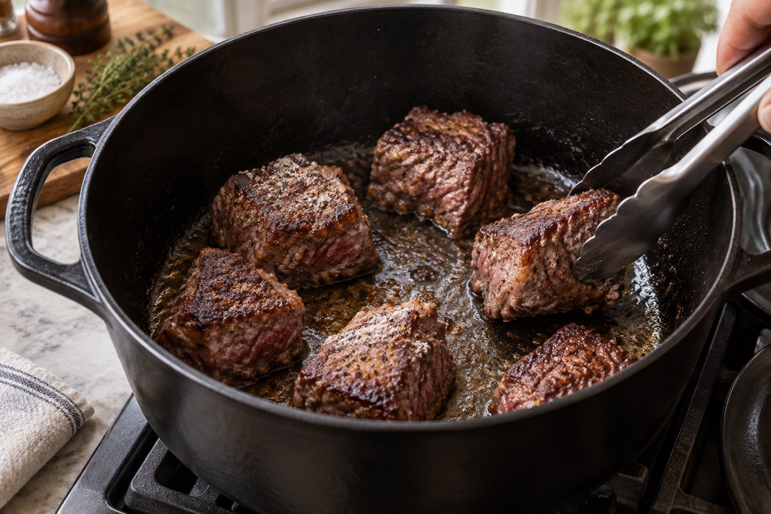 Bison chunks browning in a spaced batch in a Dutch oven