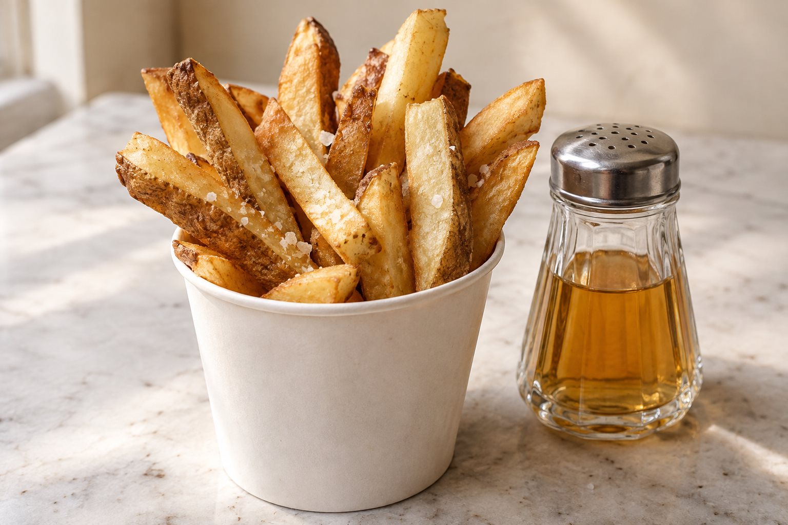 A paper cup of thick fresh-cut fries, pale gold and uneven, with salt visible on them and a glass vinegar shaker with a perforated cap beside it