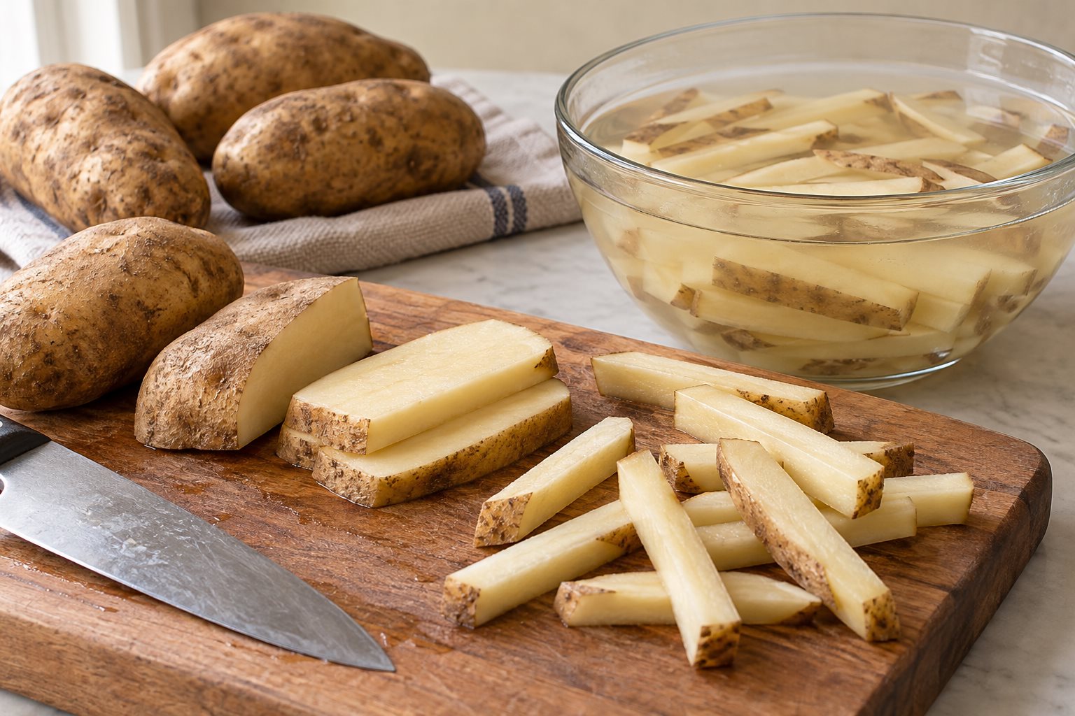 Skin-on potatoes cut into slabs and even batons on a wooden board beside a bowl of water.