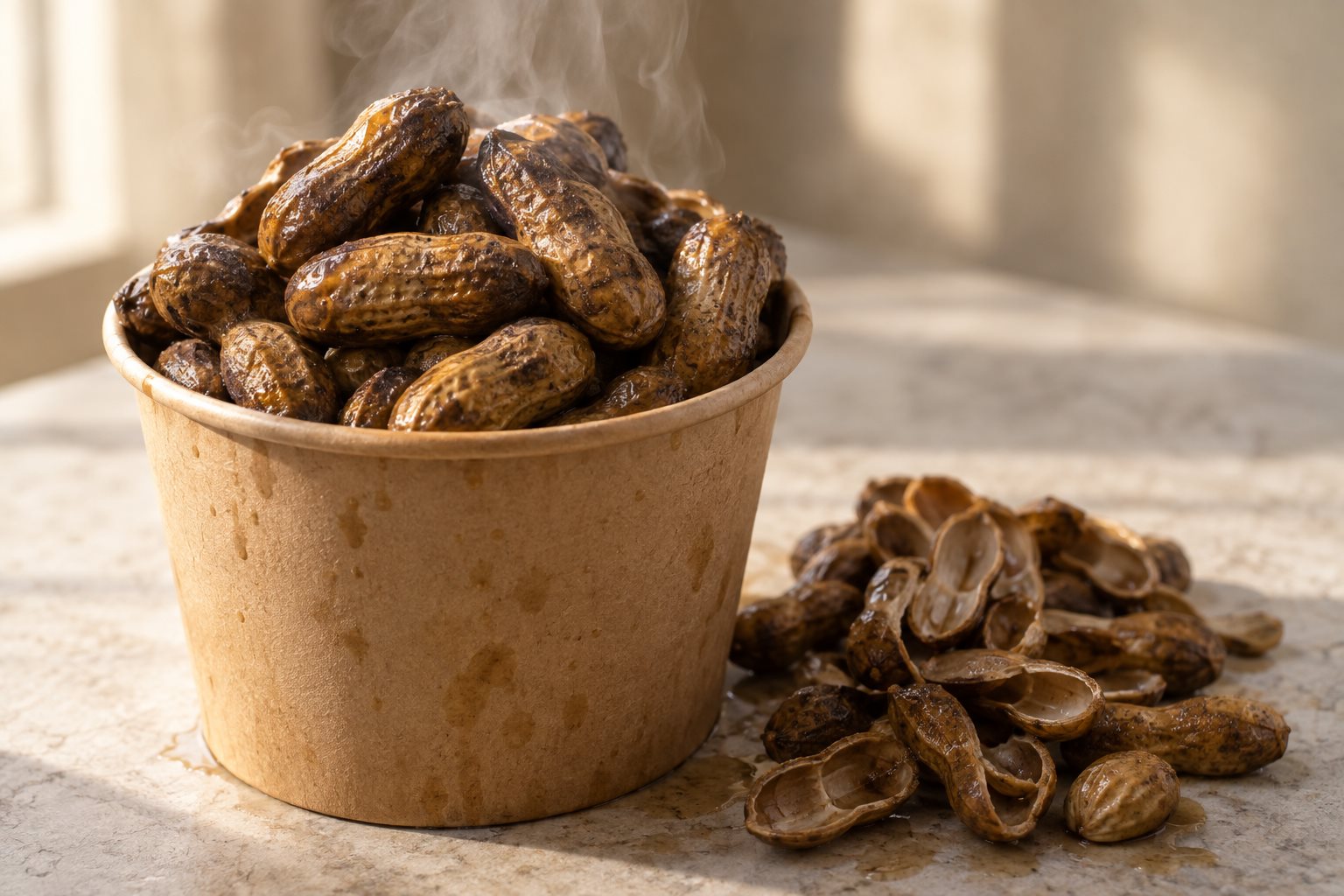 A brown paper cup heaped with wet, dark-stained peanuts in the shell, steam rising, a pile of split shells beside it