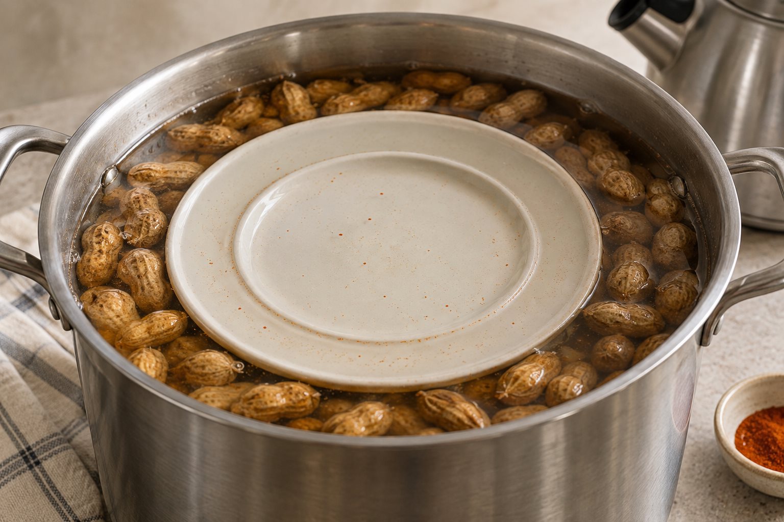 A heatproof ceramic plate holding in-shell peanuts under brine in a large pot.