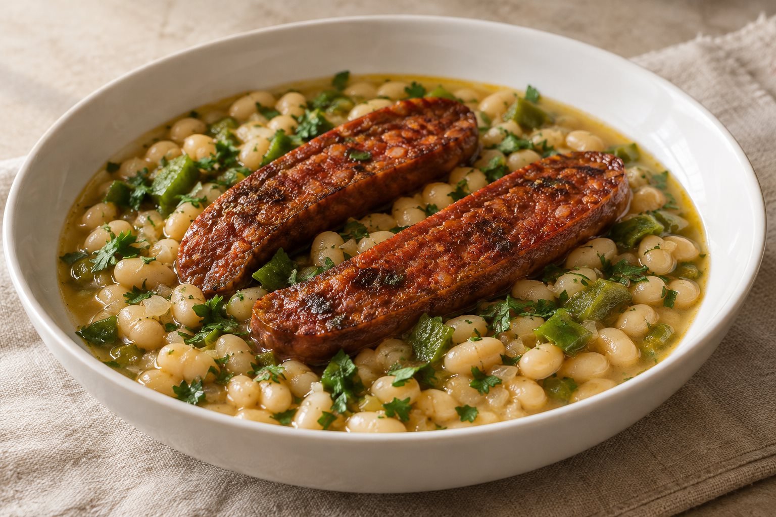 A shallow white bowl of pale beans in a thin golden broth with two split chorizos browned side up laid across them