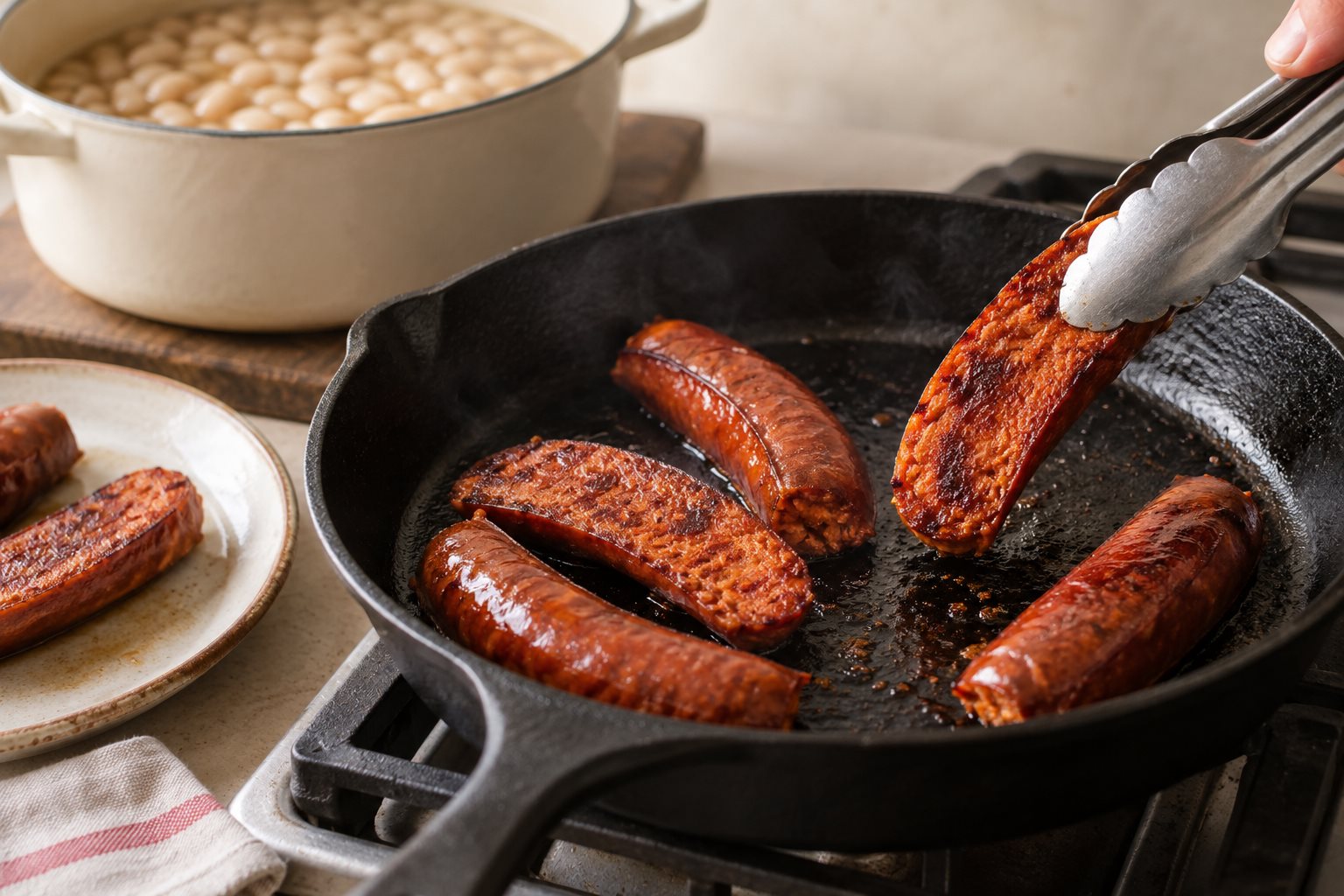 Tongs lifting a split chorizo to show its browned cut face over a skillet.