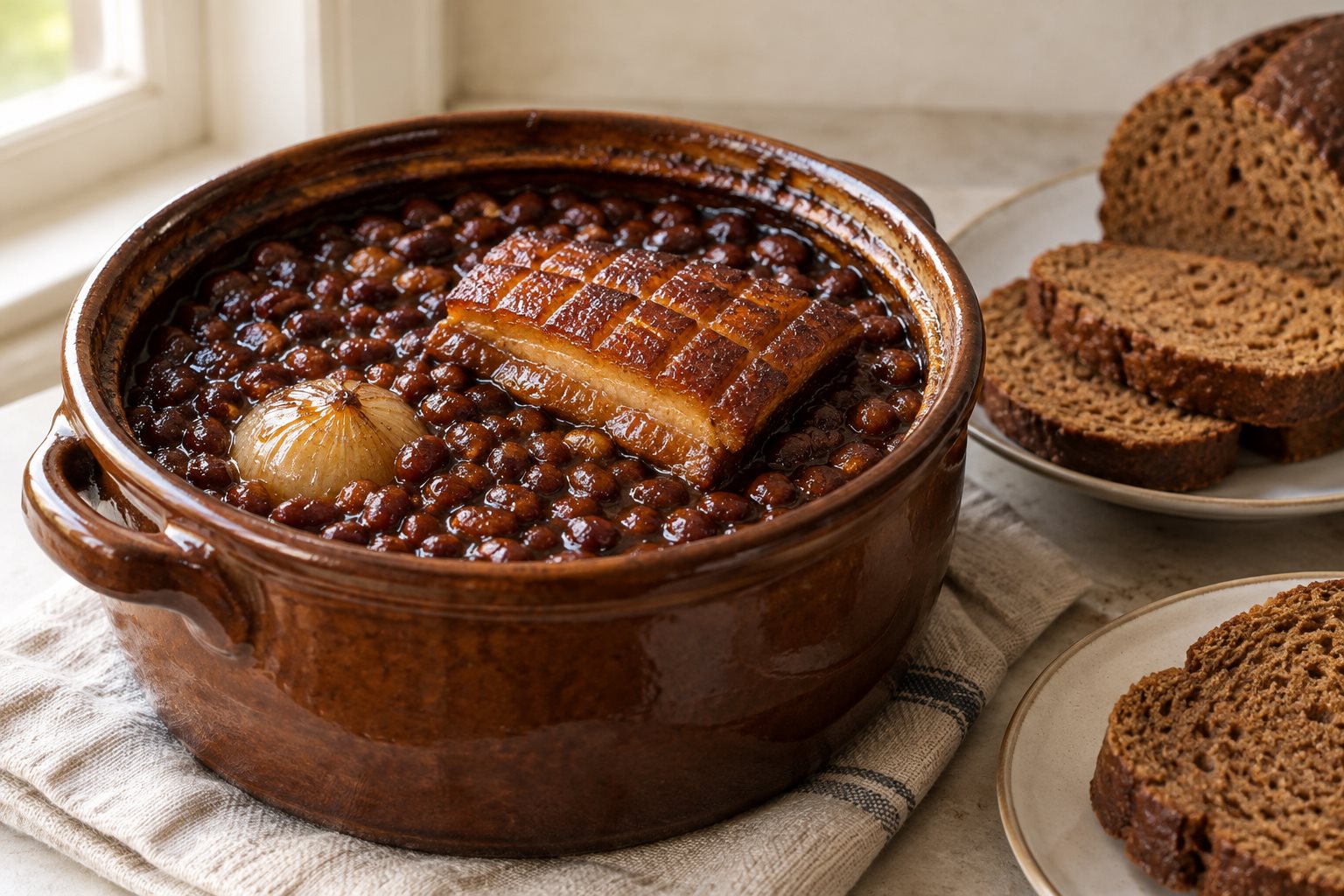 A brown earthenware bean pot just out of the oven, beans inside dark and glossy, a square of salt pork crisped brown on top, with slices of steamed brown bread on a plate beside it