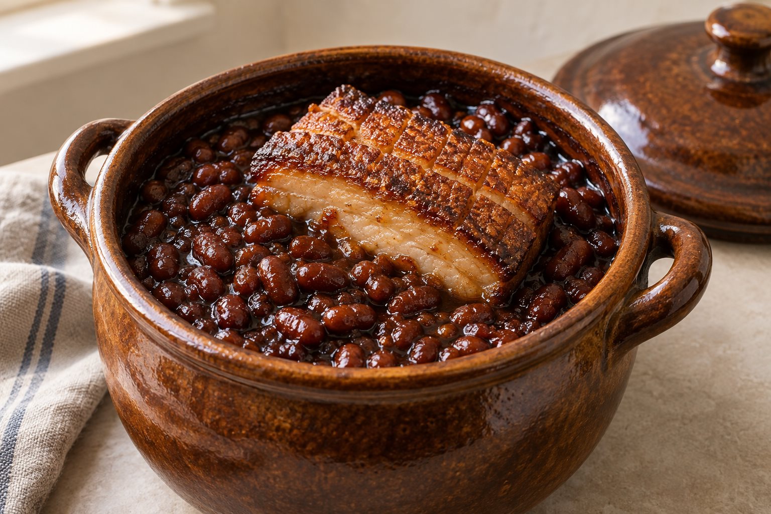 Scored crisp salt pork rind standing above glossy molasses beans in an open bean pot