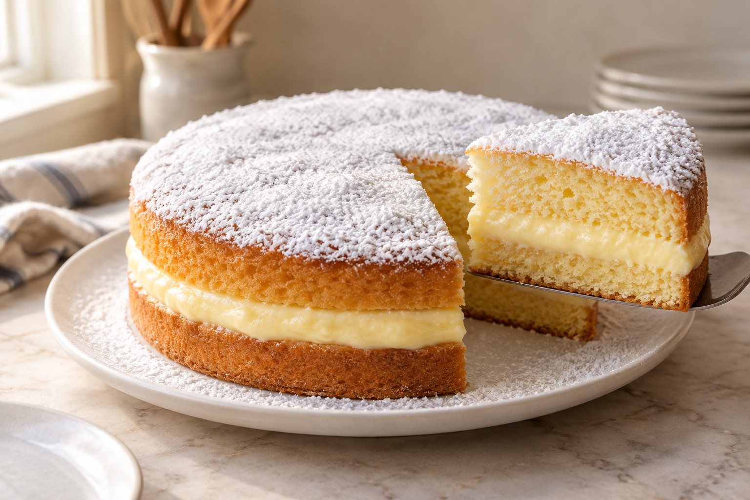 A two-layer yellow cake on a white plate, dusted heavily with powdered sugar, one wedge cut and lifted to show a thick pale band of cream filling between the layers