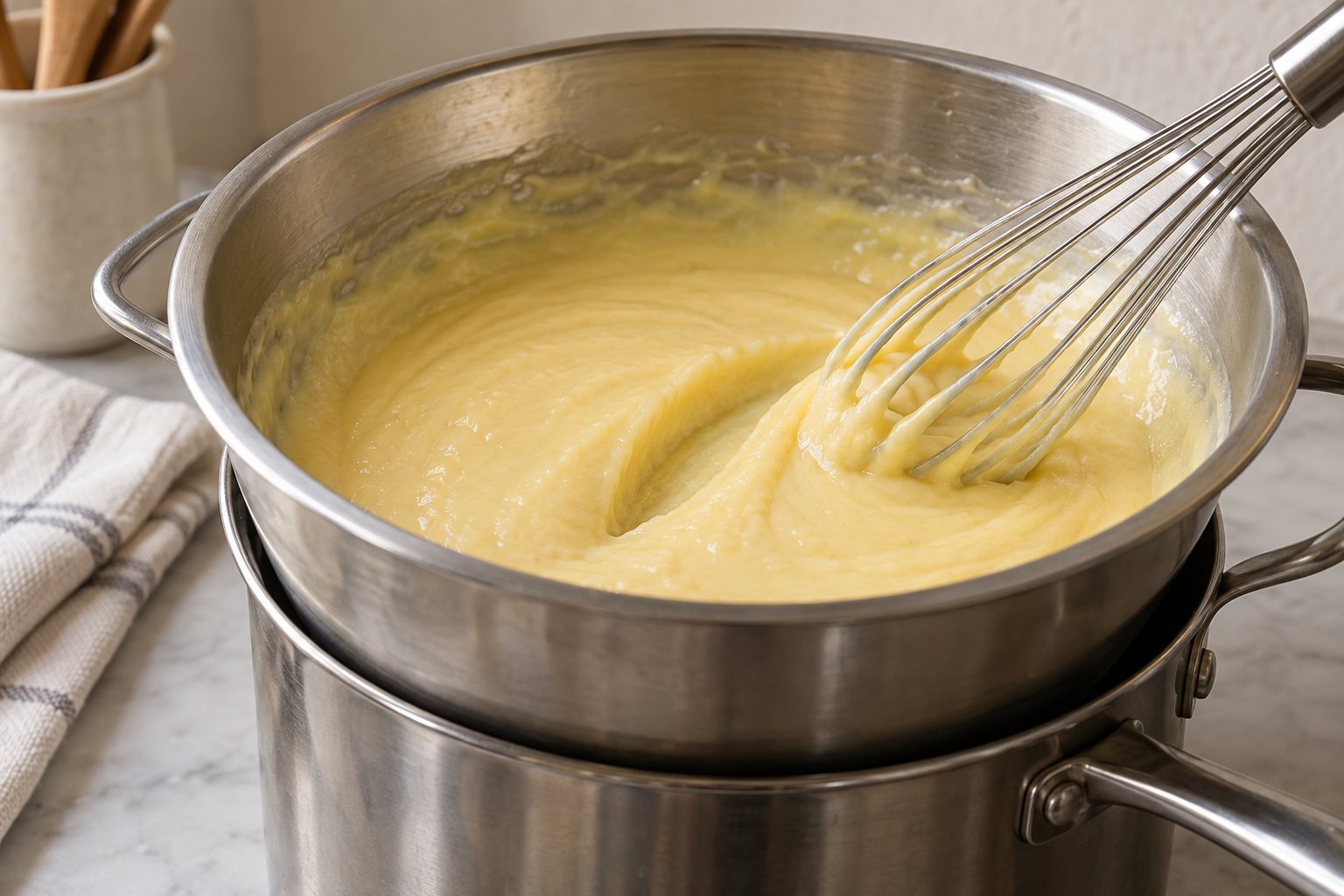 A whisk leaving a distinct furrow in thick pale custard over a double boiler