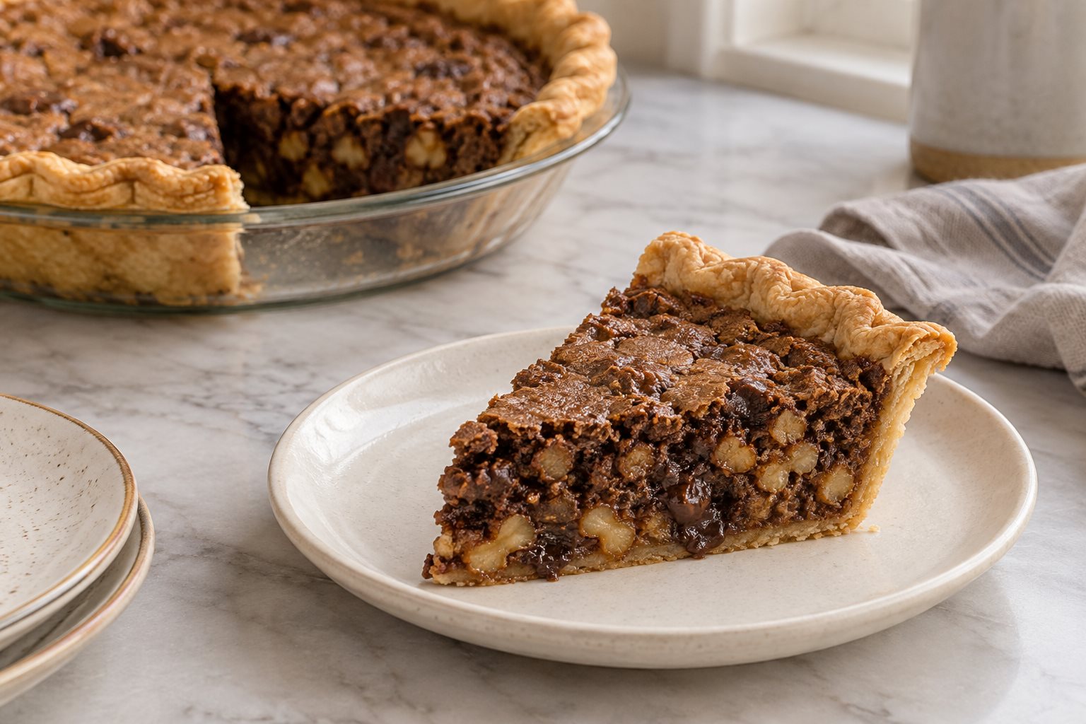 A slice of walnut and chocolate pie with a crackled top and golden pastry, with the remaining pie behind it.