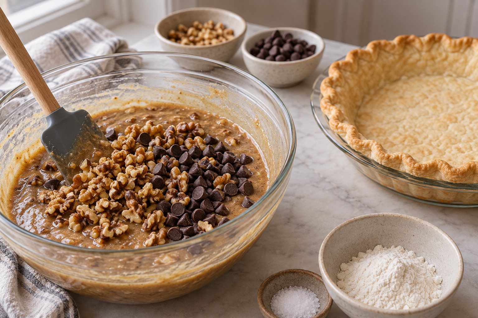 Walnut pieces and chocolate chips being folded into pie batter beside a blind-baked pastry shell.