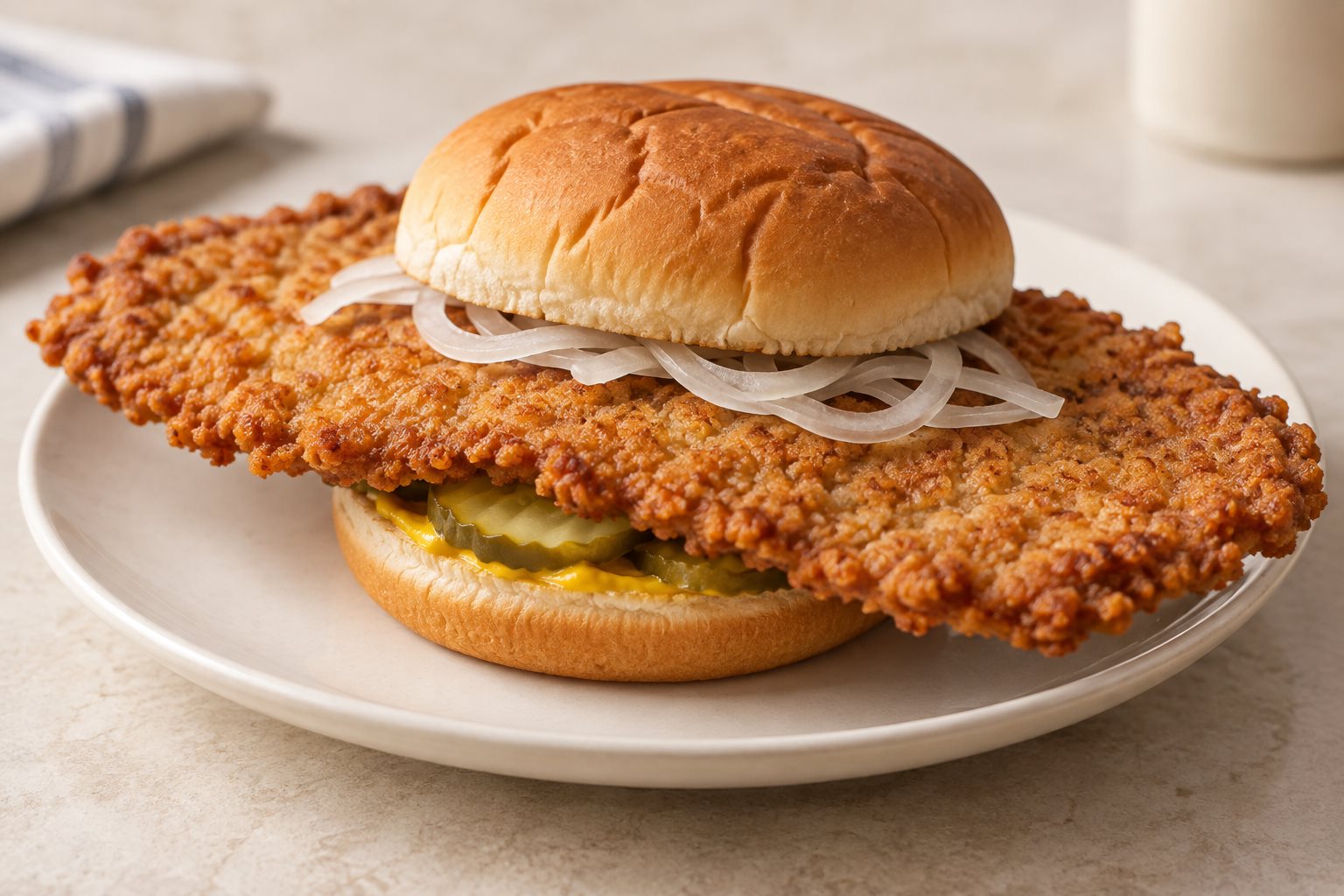 A pale gold breaded pork cutlet overhanging a small hamburger bun by three inches on every side, with mustard, pickle chips and raw onion visible under the edge