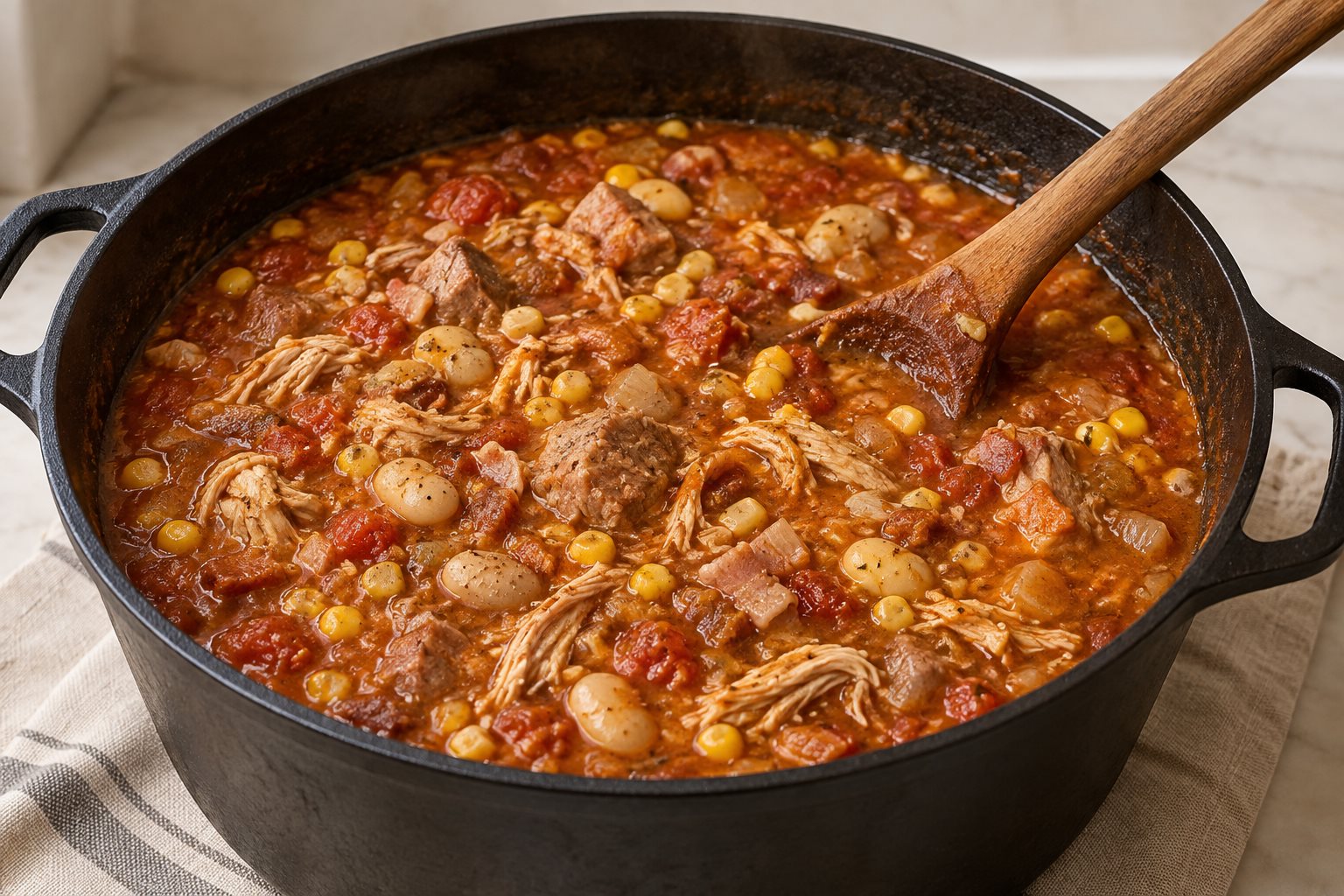 A wide cast iron pot of thick red-brown stew crowded with shredded chicken, pork, corn kernels and butter beans, a long wooden paddle resting in it