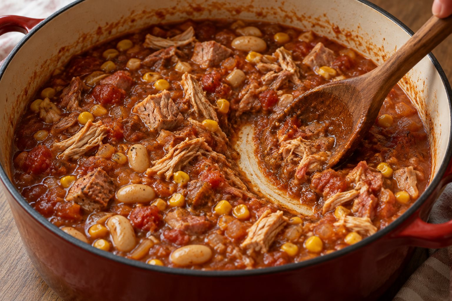 A wooden spoon leaving a track through thick Brunswick stew.
