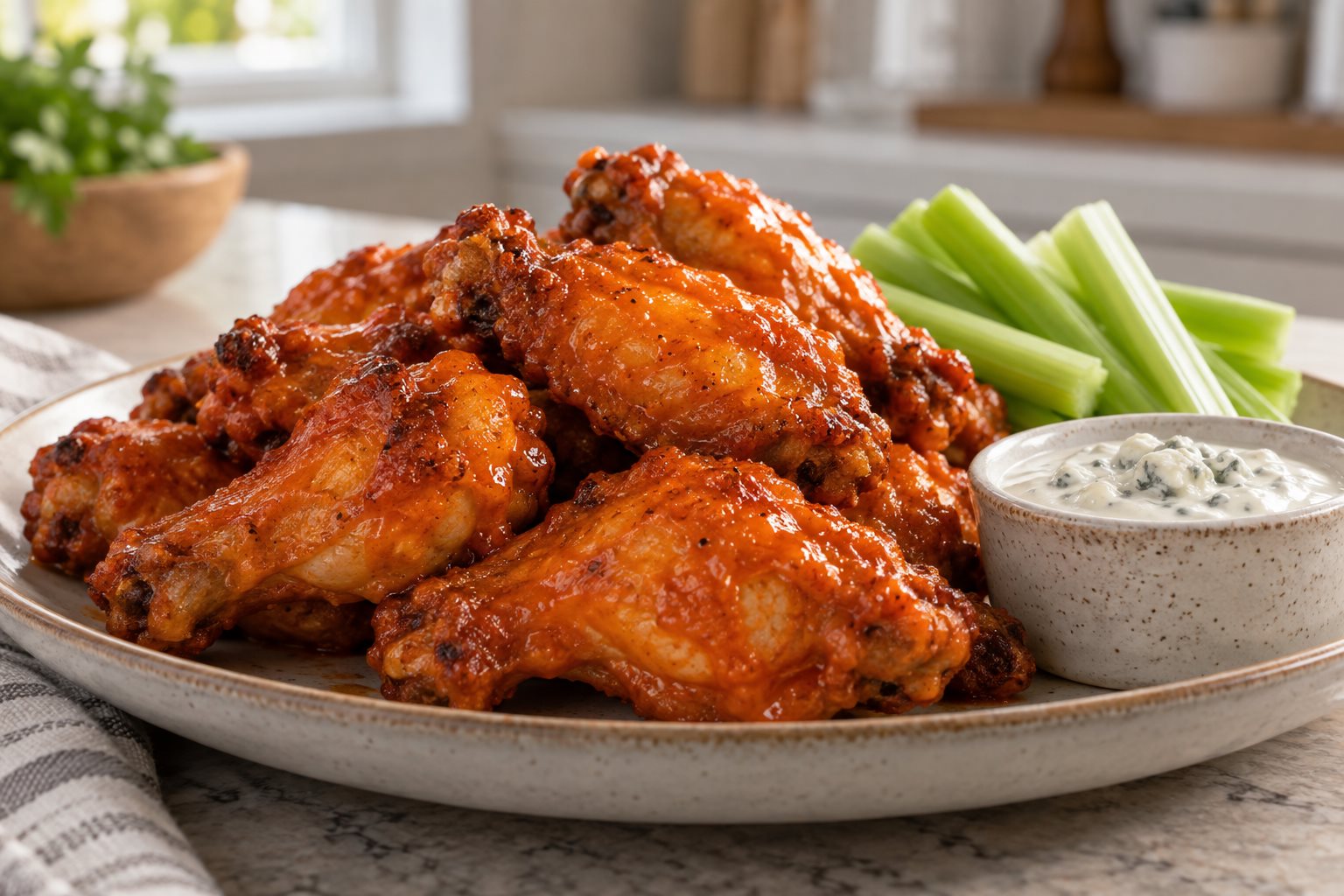 A heap of fried chicken wings glossed with orange buffalo sauce on a plate, celery sticks and a cup of blue cheese dressing beside them