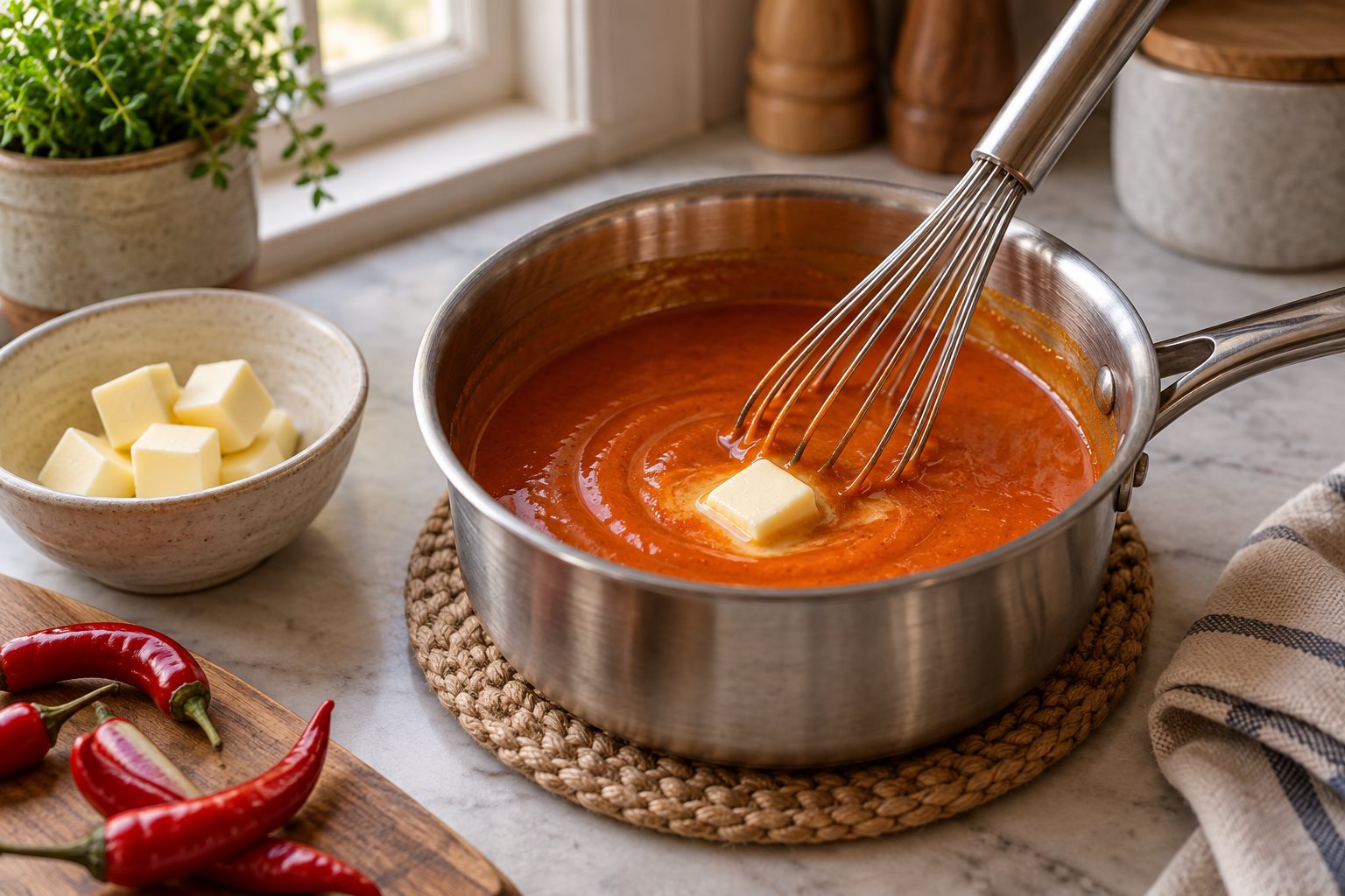 Cold butter whisked into warm orange pepper sauce off the heat