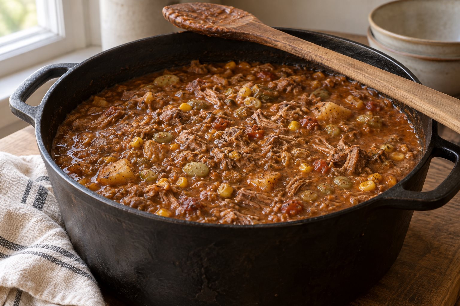 A cast-iron pot of thick brown-red burgoo with shredded meat, softened vegetables, corn and lima beans.