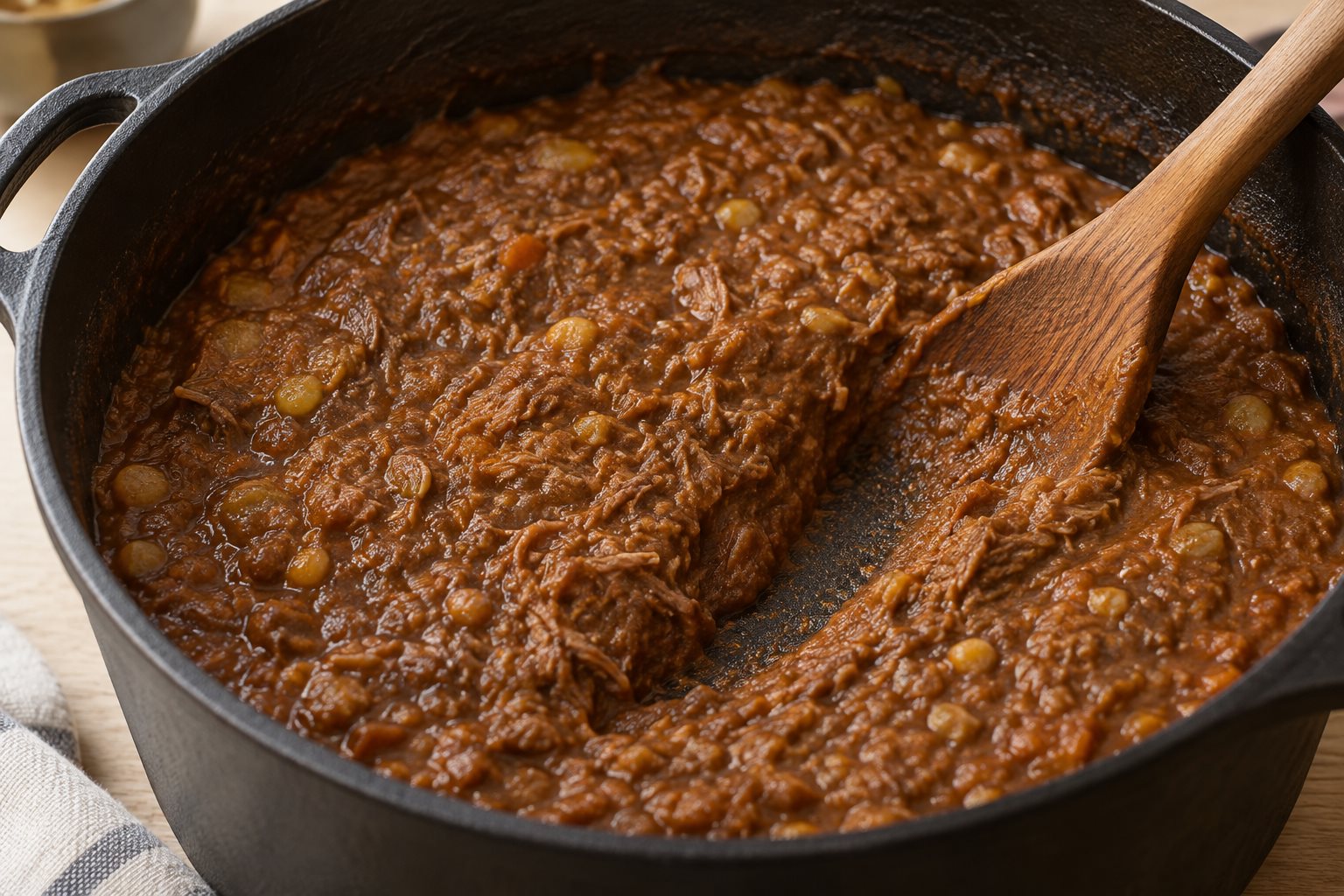 A wooden spoon leaving a track through thick burgoo, exposing the base of the pot.