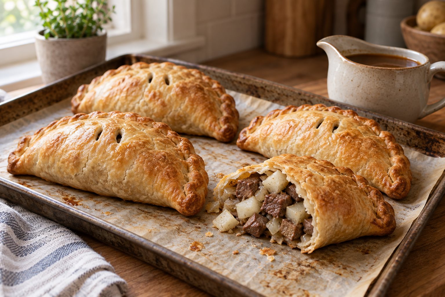crimped pastry turnovers on a sheet pan, one cut open showing diced beef, potato and onion, with a jug of brown gravy beside them