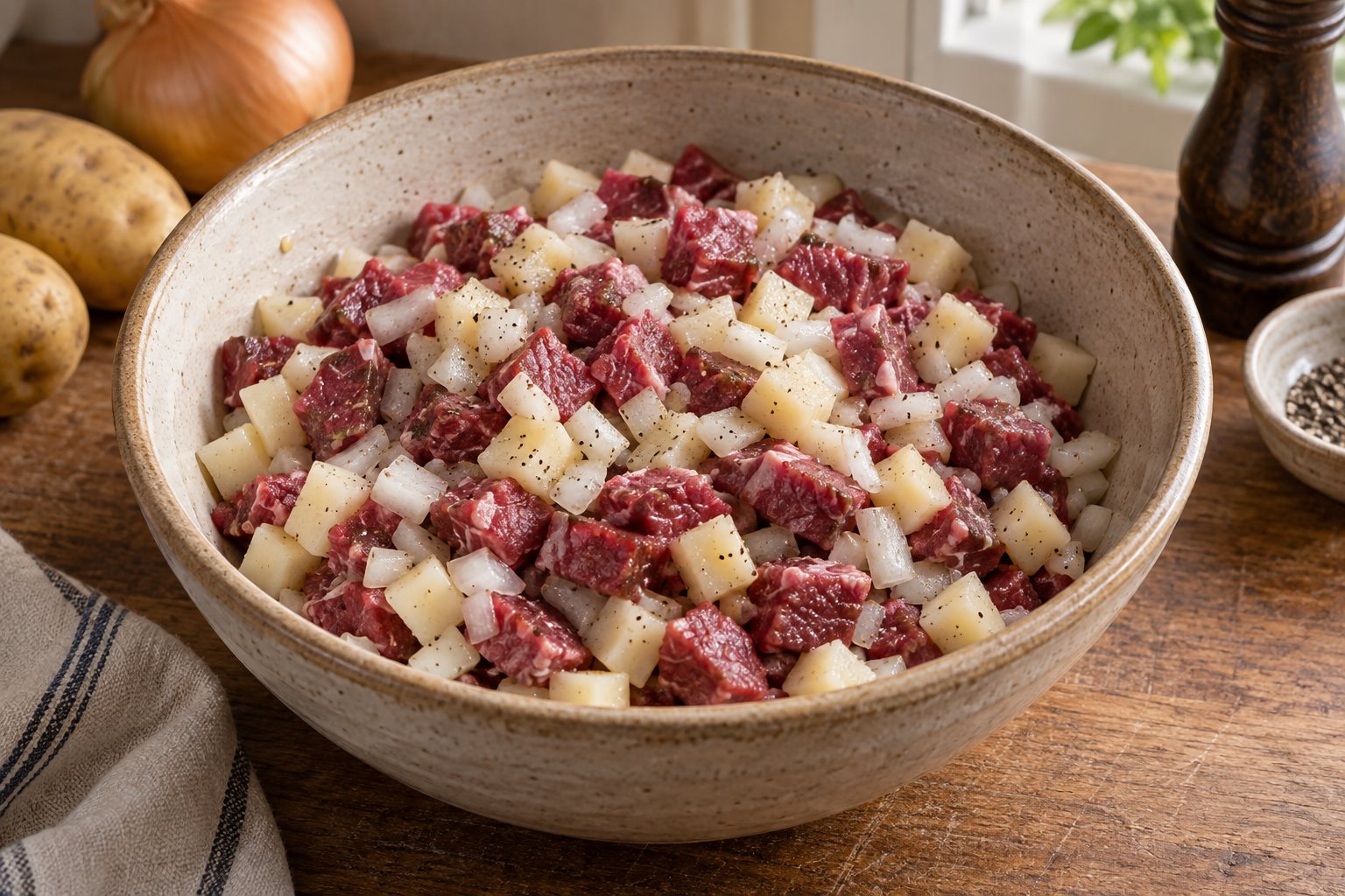 Diced beef, potato and onion mixed together for pasties