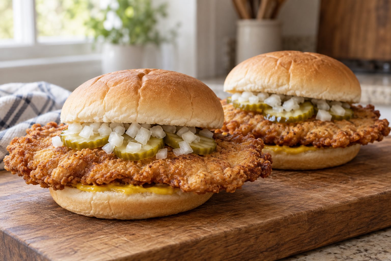 Two small round buns each holding a golden batter-fried pork cutlet overhanging the bread, with yellow mustard, pickle slices and chopped onion