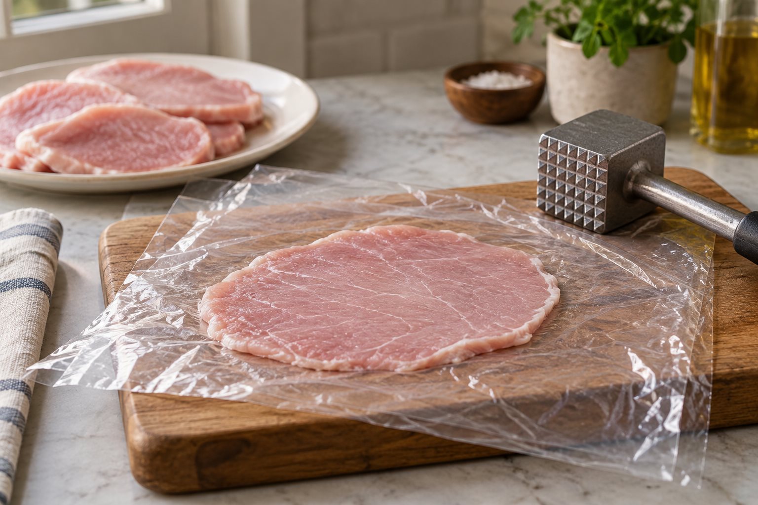 Thin pork cutlet flattened between plastic sheets