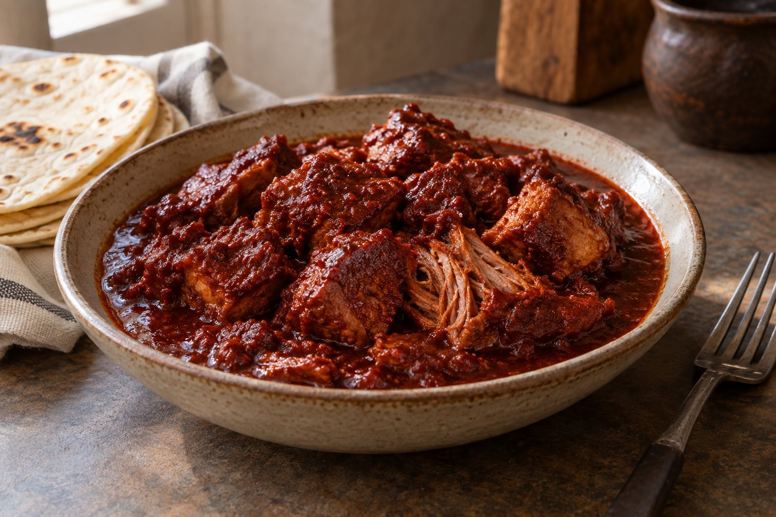 A shallow dish of dark red carne adovada, the pork shredding at the edges under a thick brick-colored chile sauce, with a warm flour tortilla and a fork alongside