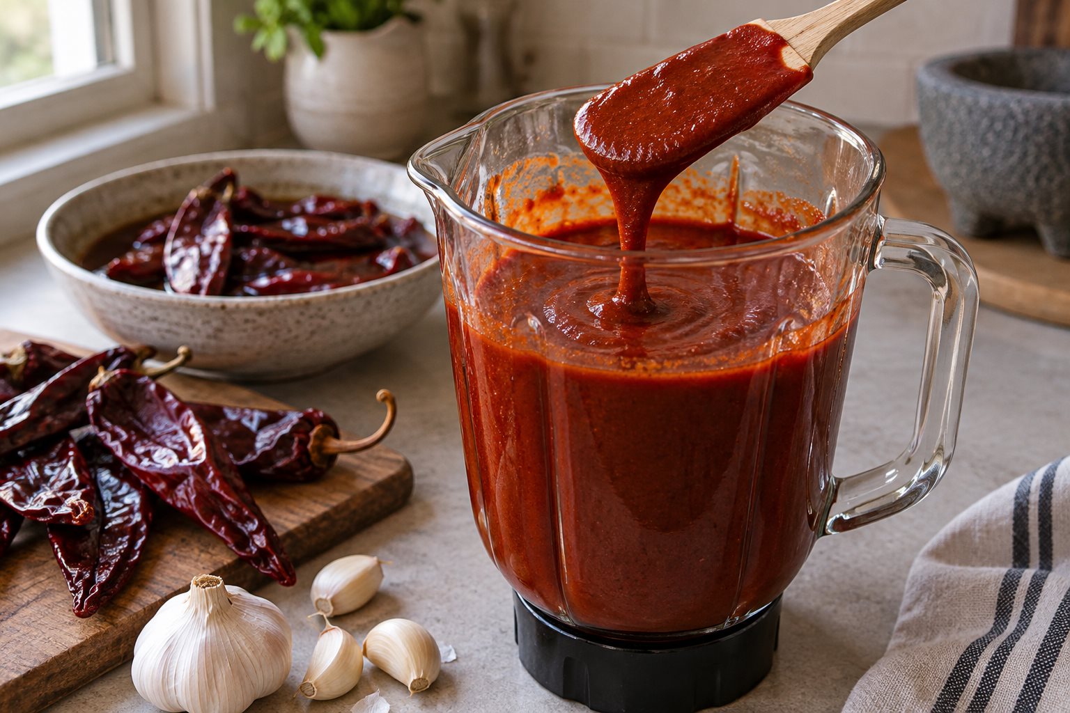 Smooth thick red chile purée in a blender jug