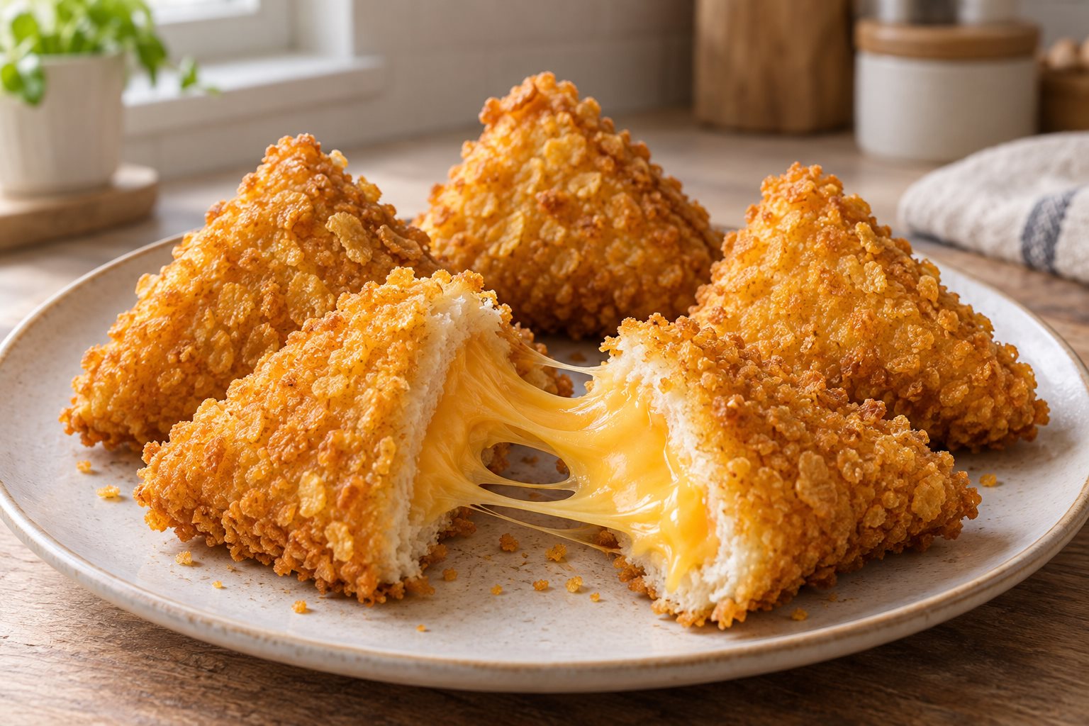 Four deep-fried sandwich triangles crusted with golden corn flake crumbs, one pulled apart with melted cheese stretching between the halves