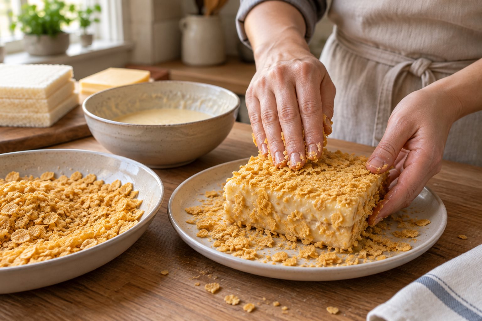 Cornflake crumbs pressed onto a whole square cheese sandwich