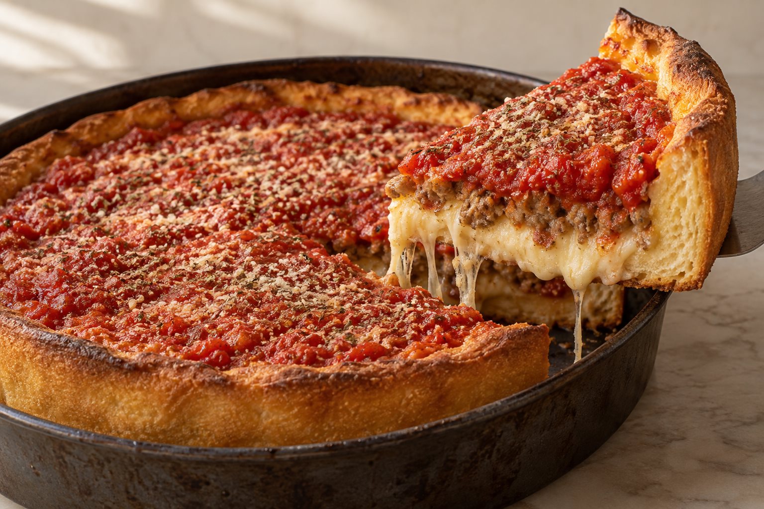 A wedge lifted from a deep steel pan showing a tall golden wall of crust, a layer of tomato on top, sausage beneath it and molten cheese against the base