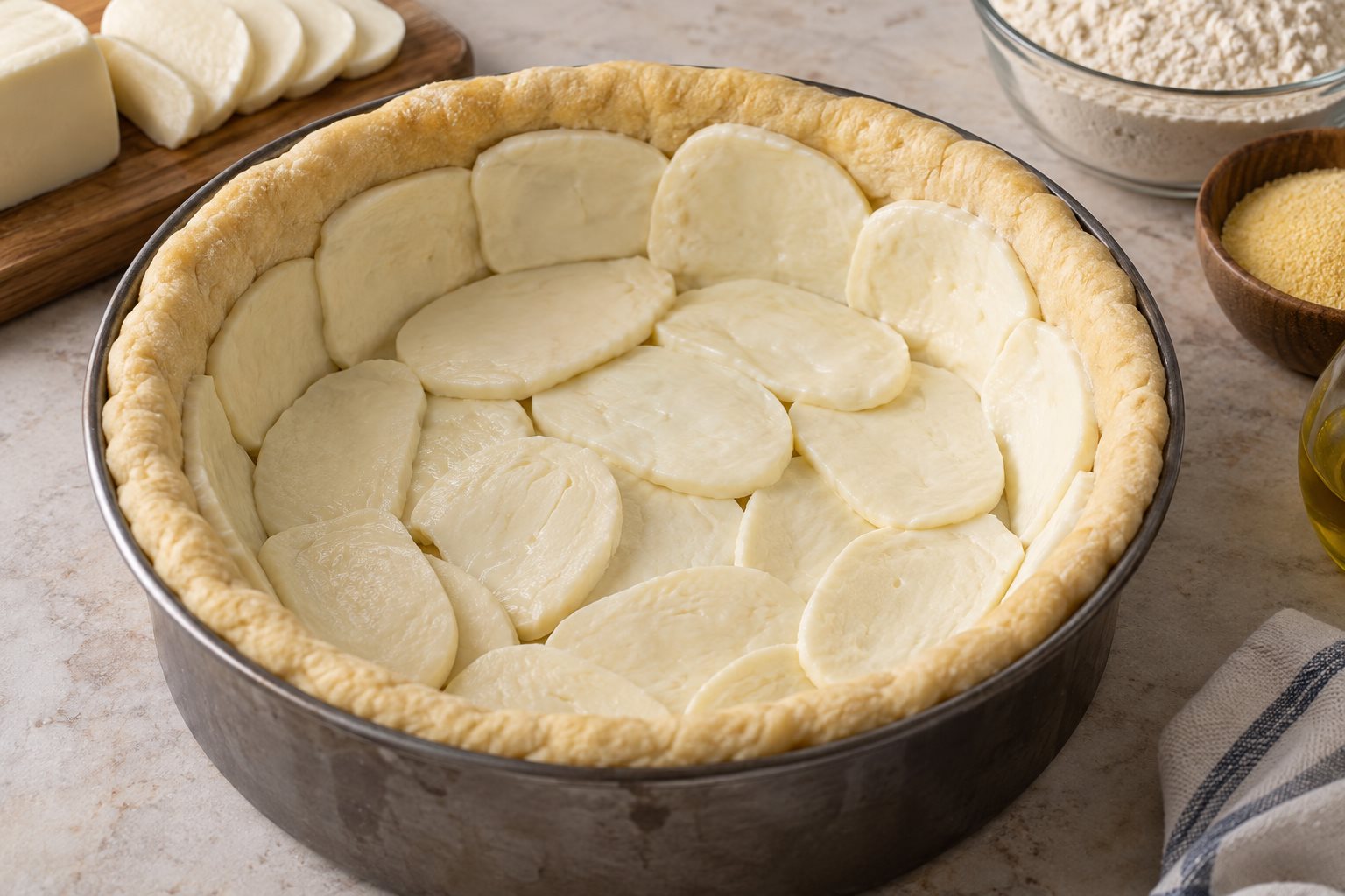 Overlapping mozzarella slices covering the base and lower sides of an unbaked deep-dish pizza crust.