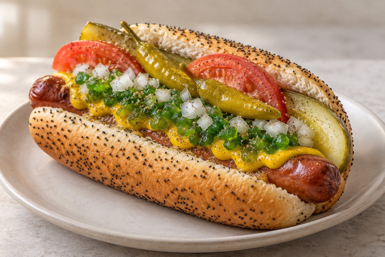 A natural-casing frankfurter in a poppy seed bun under a yellow mustard stripe, green relish, chopped onion, tomato wedges and a pickle spear along the sides, two sport peppers and a dusting of celery salt