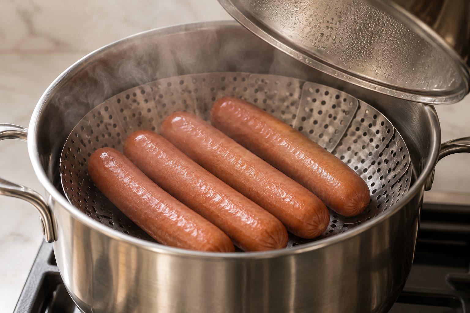 Four frankfurters steaming in a basket above the water.