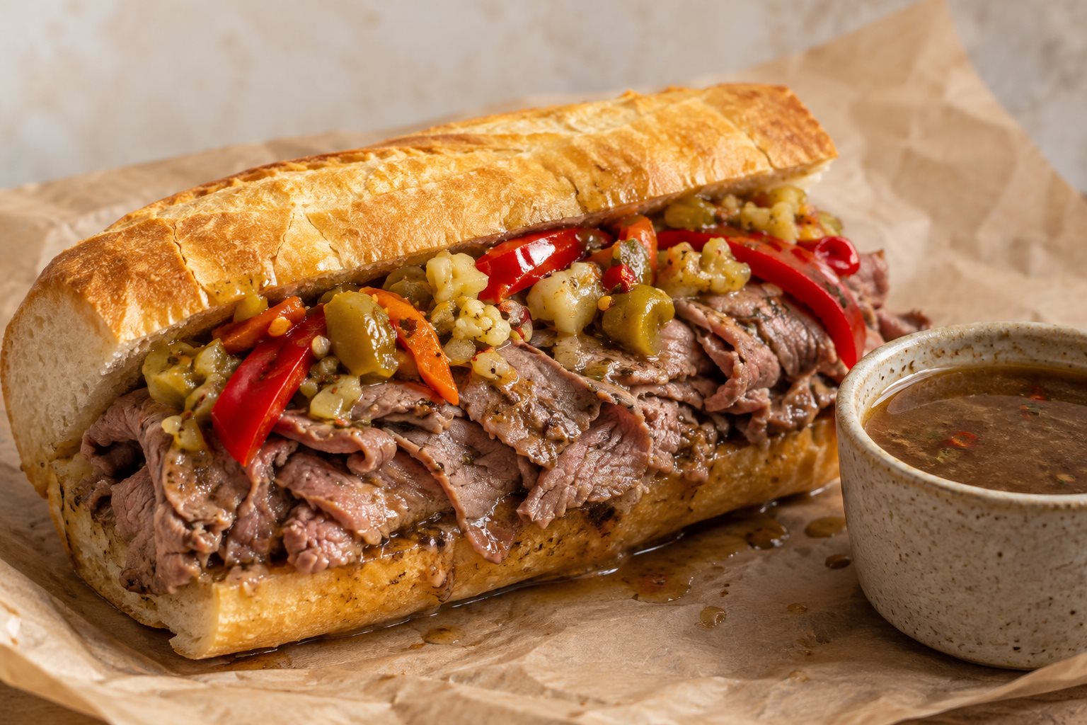 A long roll packed with thin grey-pink slices of beef glistening with gravy, topped with hot giardiniera, sitting on butcher paper with a cup of juice beside it