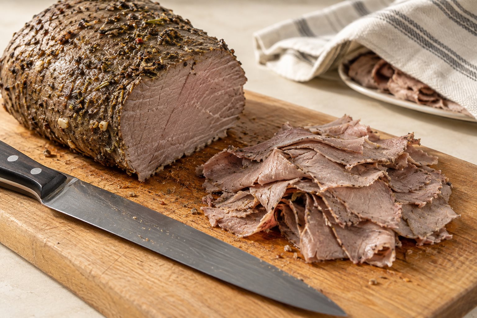 A chilled beef roast with a pile of very thin slices and a carving knife.