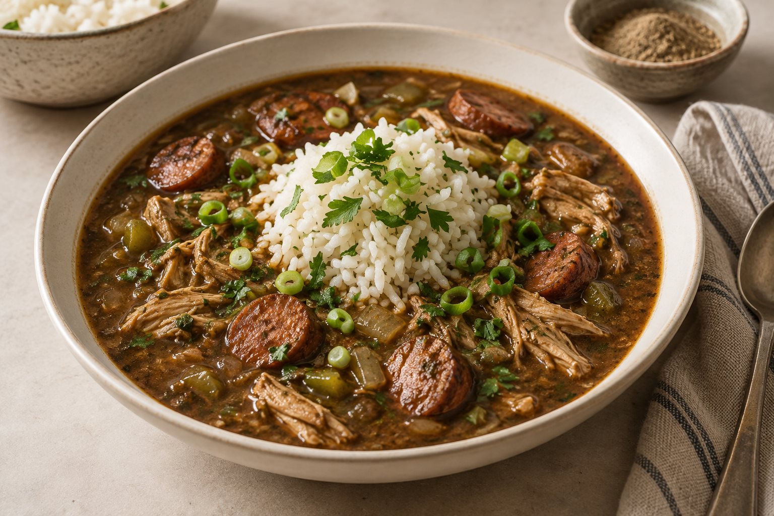 A bowl of dark chicken and andouille gumbo with white rice, green onions and parsley.
