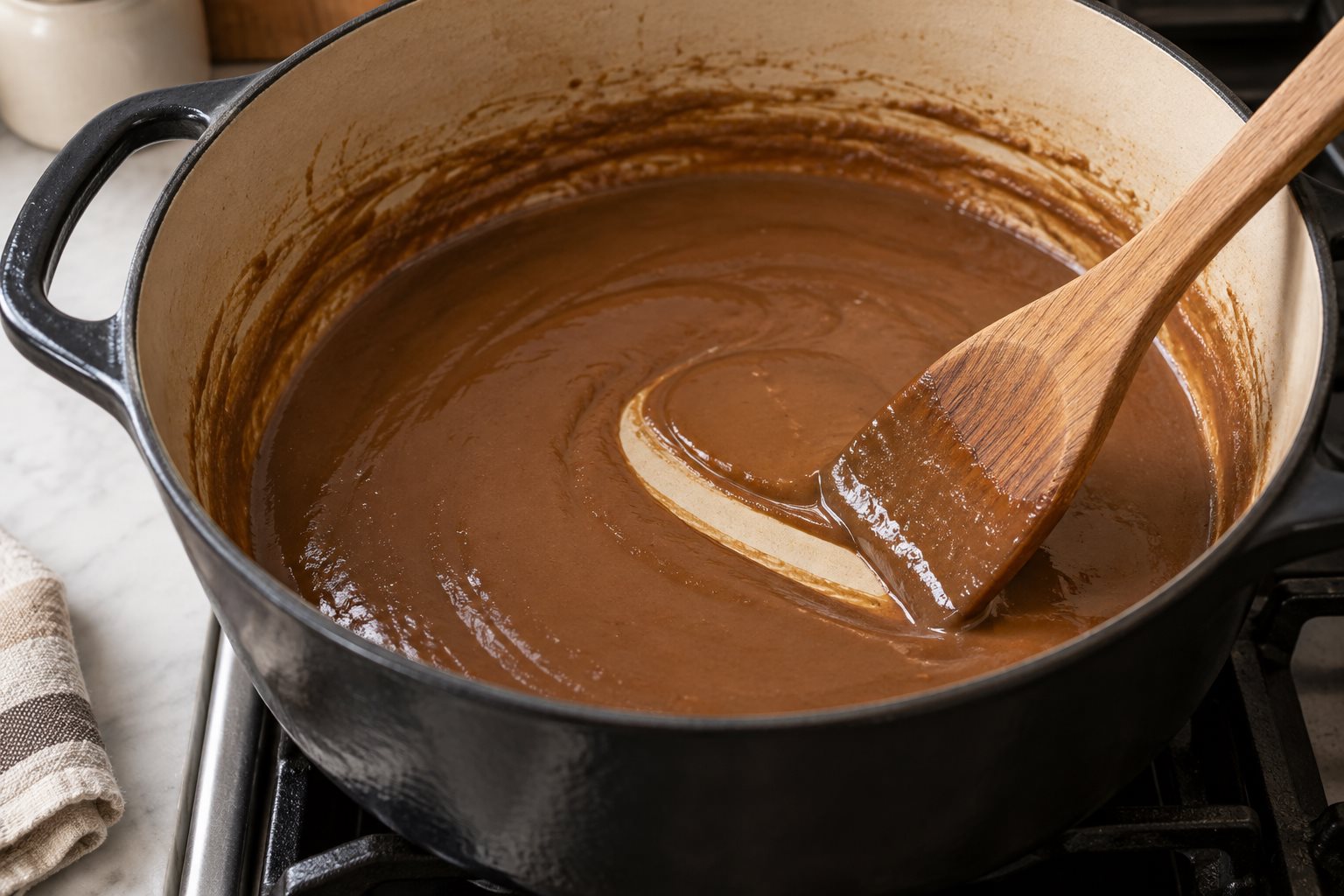 A wooden spoon drawn through smooth milk-chocolate-brown roux in a Dutch oven.